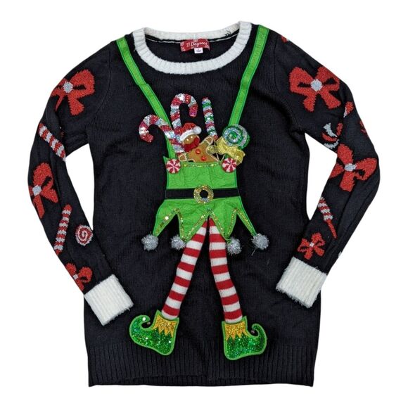 33 Degrees ugly Xmas Christmas sweater black elf legs candycane bow size medium - Picture 1 of 6